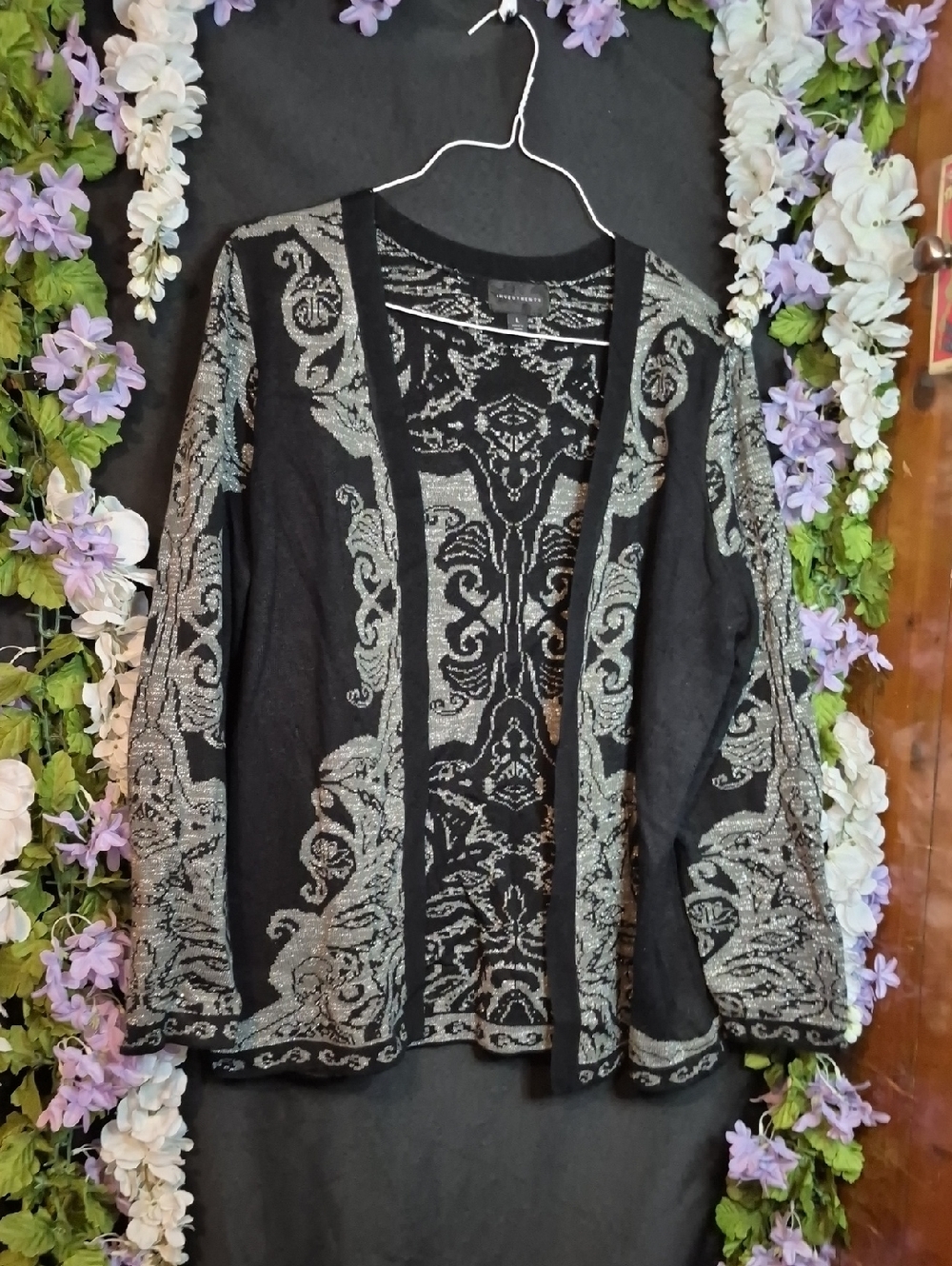 Investments Black and Silver Ornate Open-Front Women's Sweater